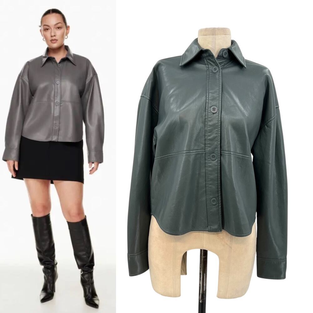 Aritzia Babaton Pelli Hip Shirt Jacket Vegan‎ Leather Shacket Gray Green XS